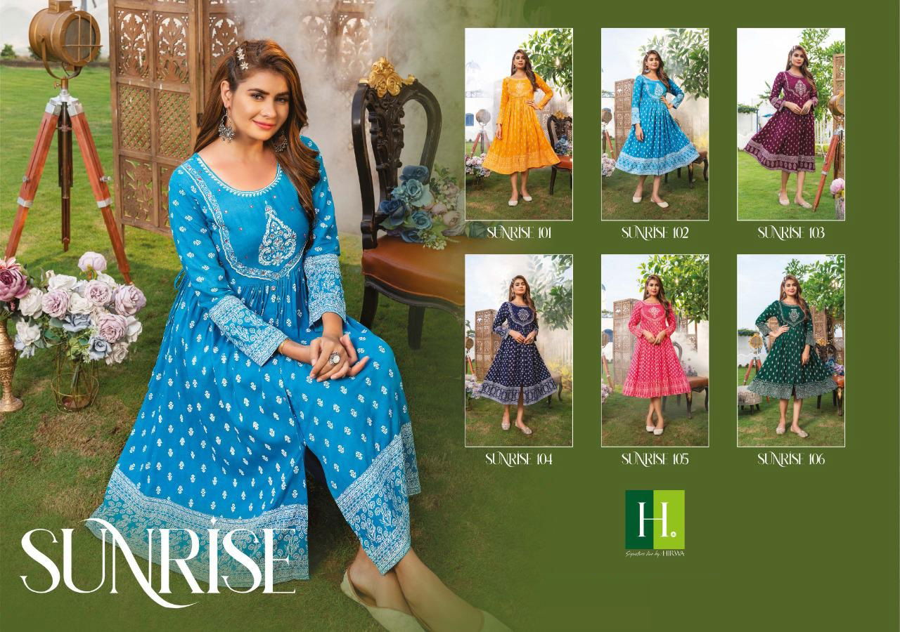 Hirwa Sunrise 1 Party Wear Rayon Printed Designer Anarkali Kurti Collection